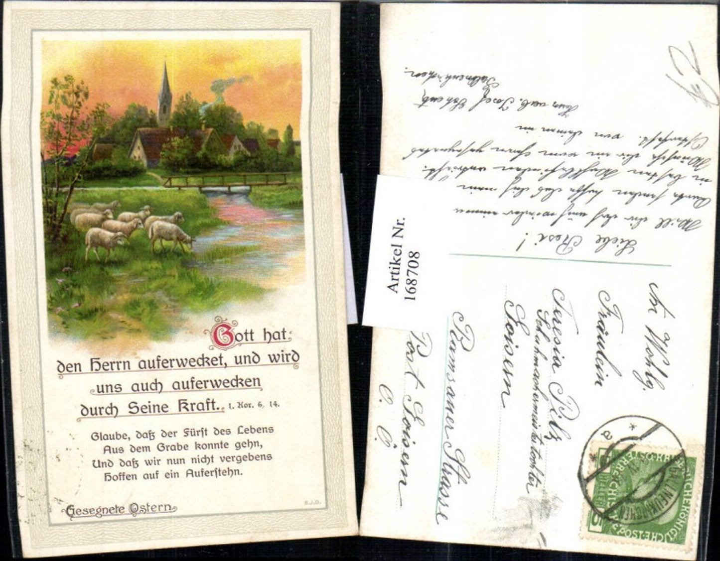 168708, Easter landscape church houses sheep bridge stream