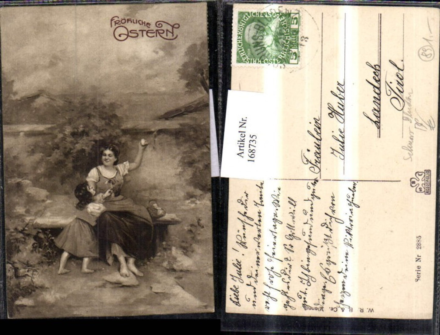 168735, Easter woman with child bench Easter eggs railway post Schruns Bludenz train 292