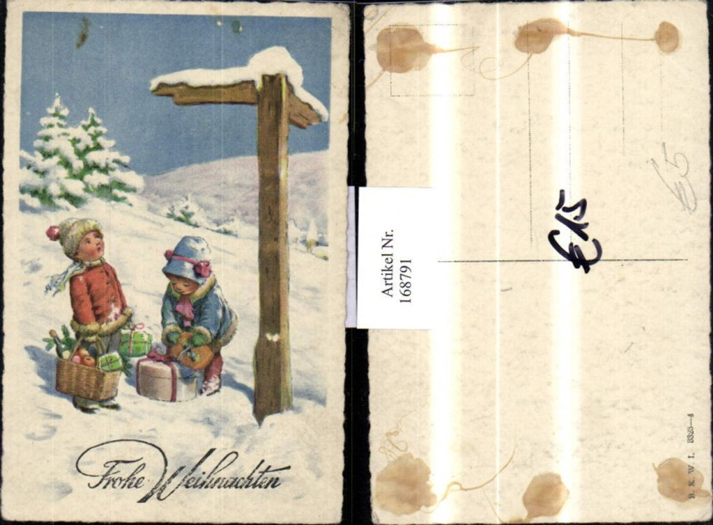 168791, Christmas snowscape signpost children with gifts basket