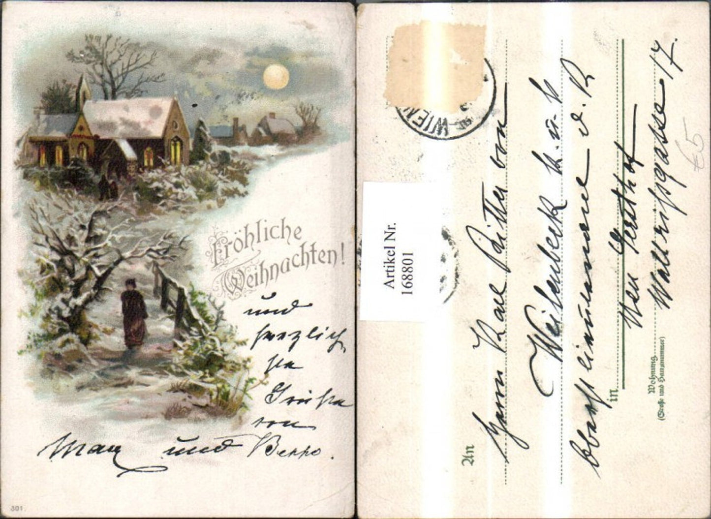 168801, Christmas Snowscape Woman Path Church