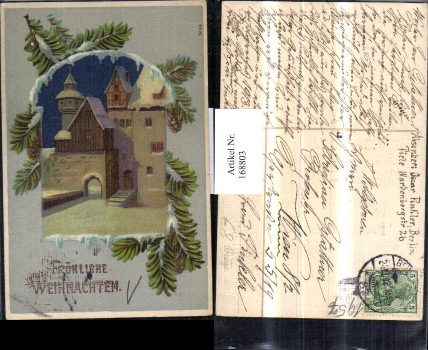 168803, Christmas stamp postcard, village in snow, fir branches