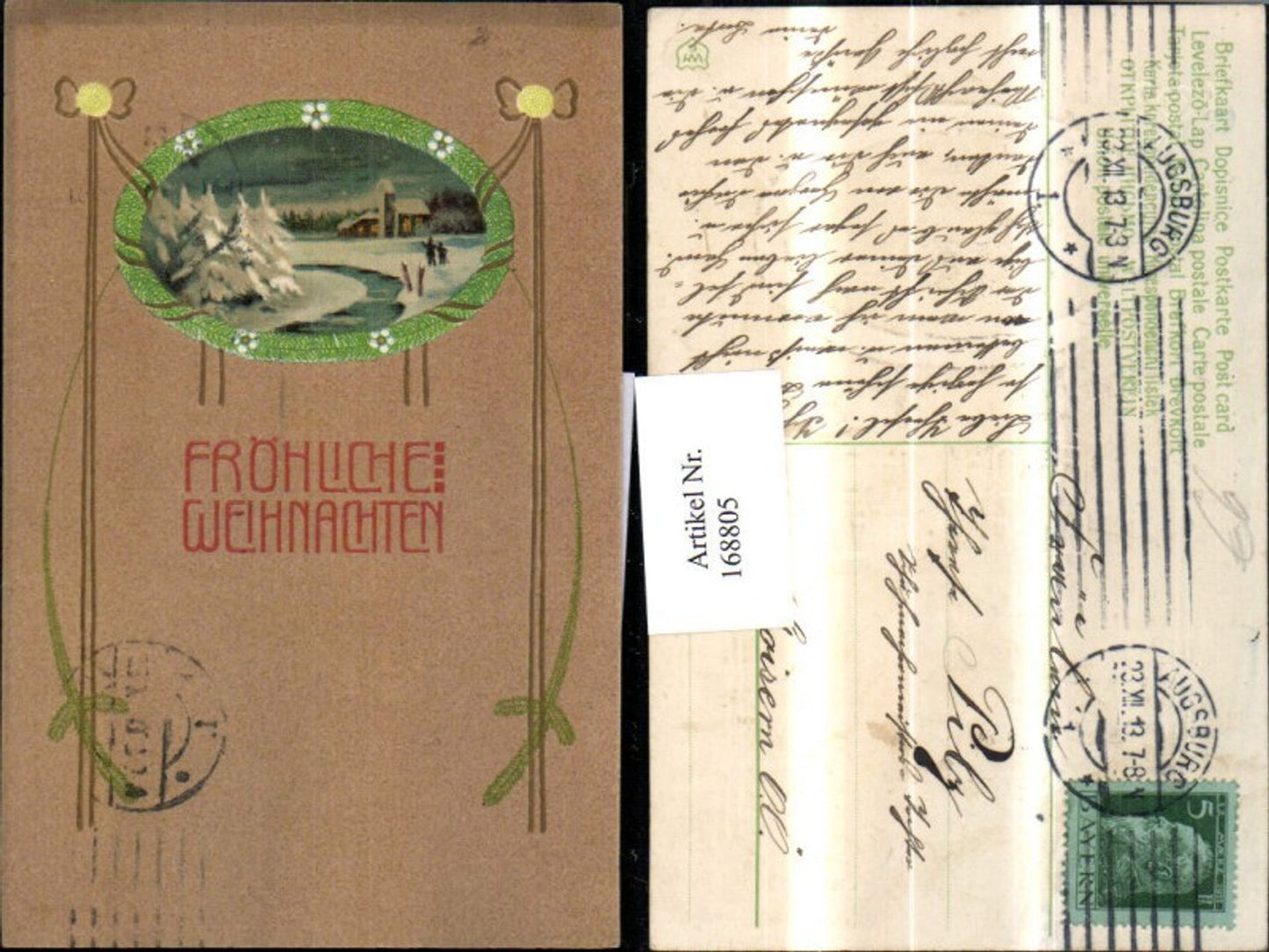 168805, Christmas stamp AK snow landscape stream forest house church