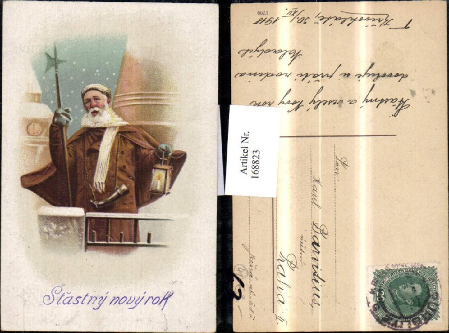 168823, Christmas old man with lantern church
