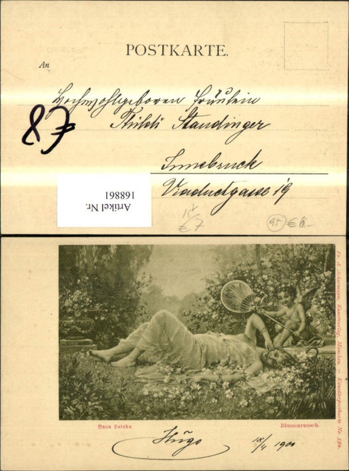 168861,Hans Zatzka Blumenrausch Frau a. Wiese Amor Engel m. Fächer Blumen pub Ackermann 552