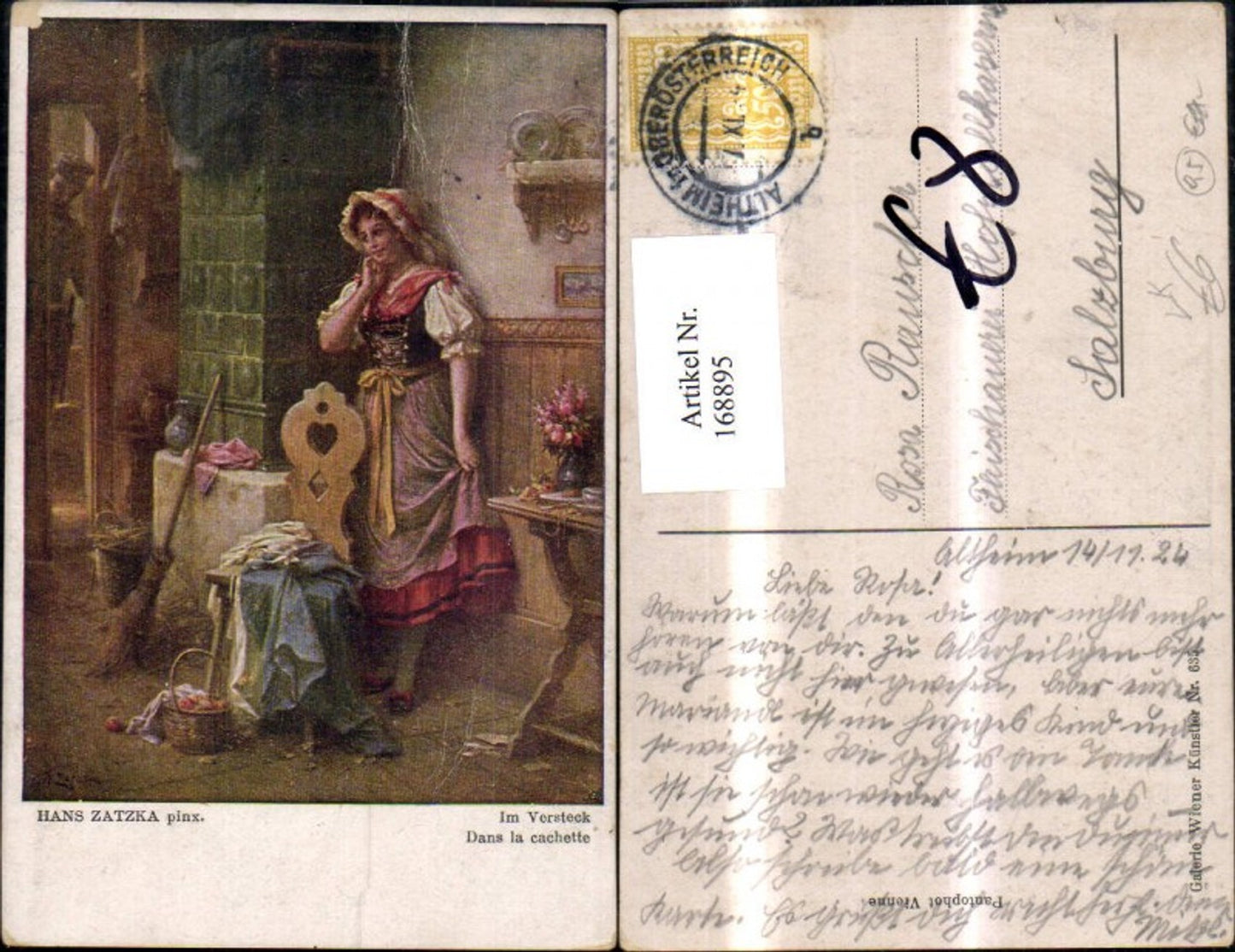 168895,Hans Zatzka Im Versteck Frau versteckt sich hinter Ofen Kamin Stube Sessel Tracht pub Galerie Wiener Künstler 63