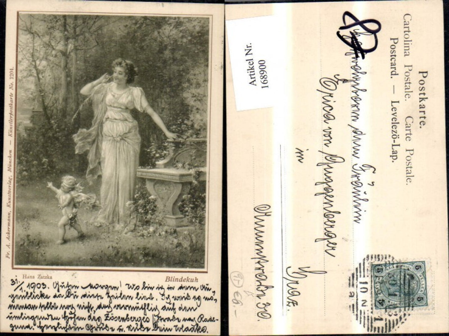 168900,Hans Zatzka Blindekuh Frau Amor Engel m. Augenbinde spielen