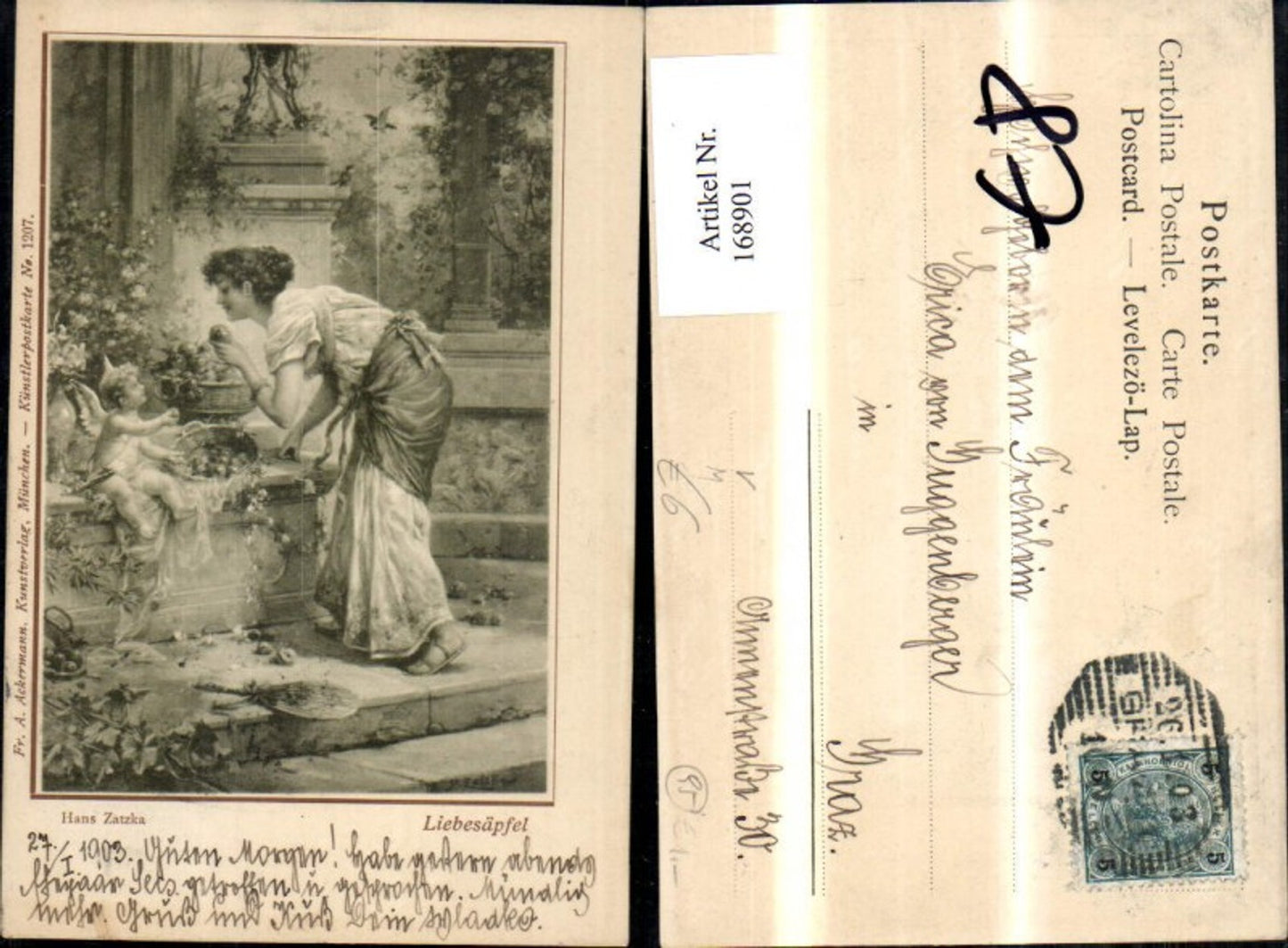 168901,Hans Zatzka Liebesäpfel Frau Amor Engel m. Korb m. Äpfel pub Ackermann 1207
