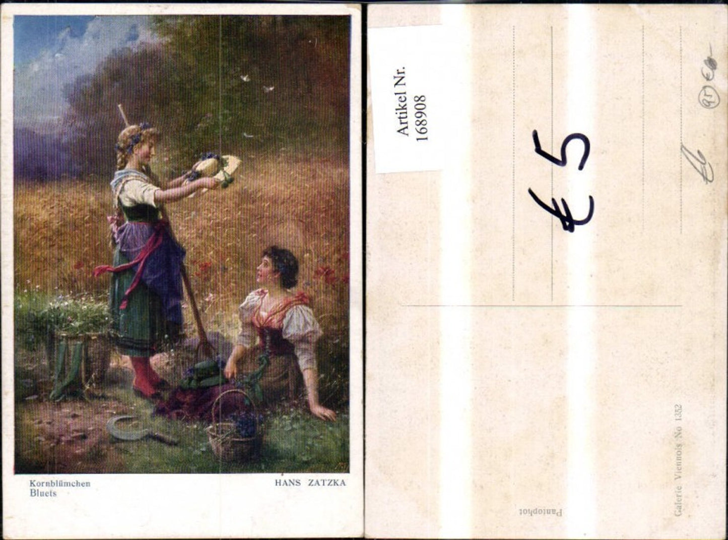 168908,Hans Zatzka Kornblümchen Frauen a. Feld Getreide Hut Sichel Korb Kornblumen Blumen
