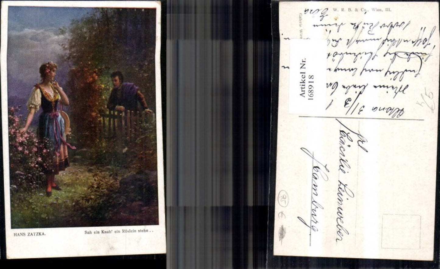 168918,Hans Zatzka Sah ein Knab ein Röslein stehn Mann sieht Frau v. Zaun aus Blumen pub Galerie Wiener Künstler 629
