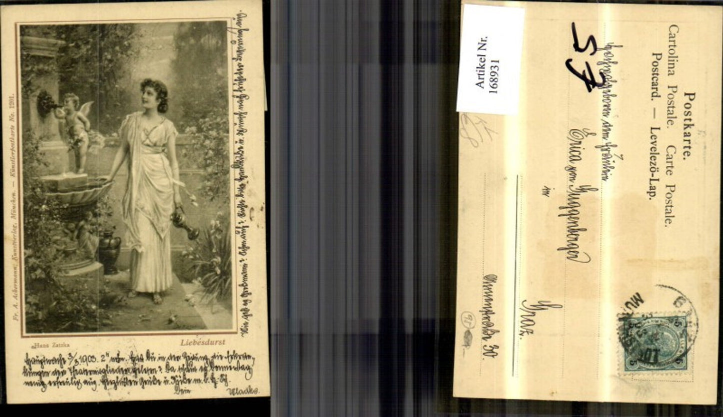 168931,Hans Zatzka Liebesdurst Frau Amor Engel a. Brunnen Krug pub Ackermann 1201