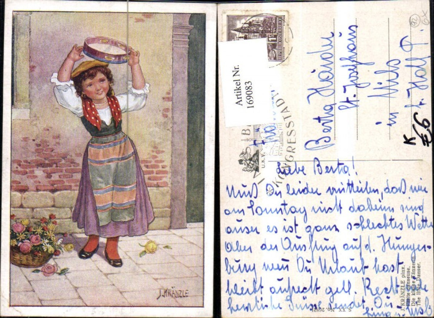 169083,Kind Mädchen m. Tamburin Blumenkorb a. Strasse sign J. Kränzle