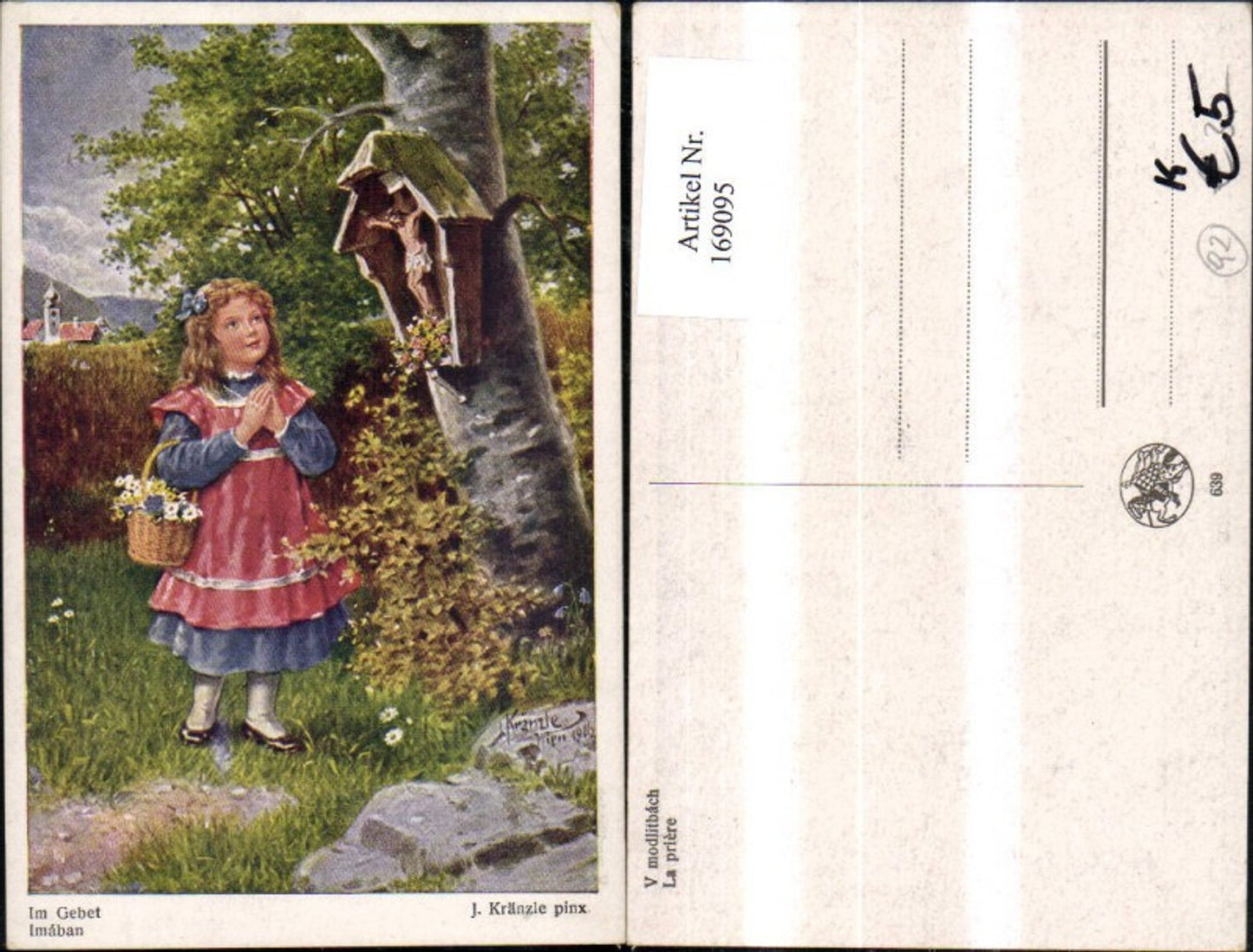 169095, Child girl in prayer at wayside shrine, Jesus cross, flower basket, signed J. Kränzle
