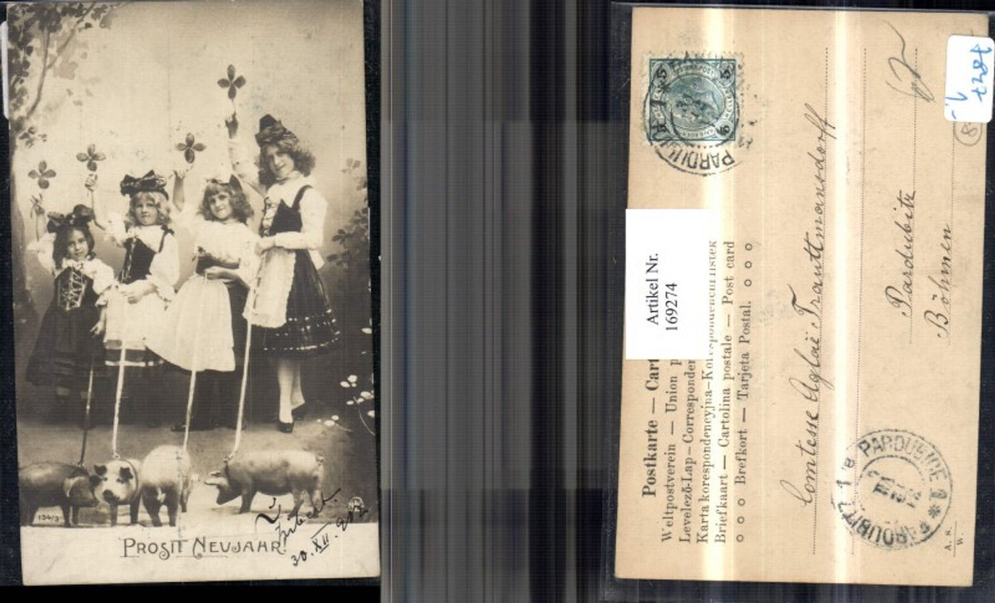 169274,Neujahr Kinder mit Kleid und Kleeblätter in der Hand und Schweine an der Leine pub NPG 134/3