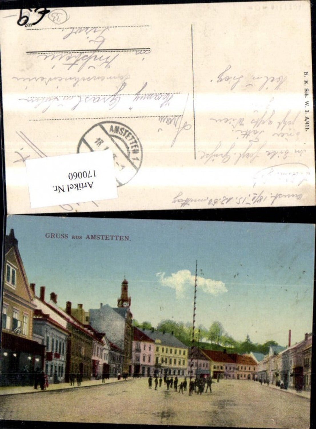 170060,Gruss a. Amstetten Hauptplatz m. Personen 1915