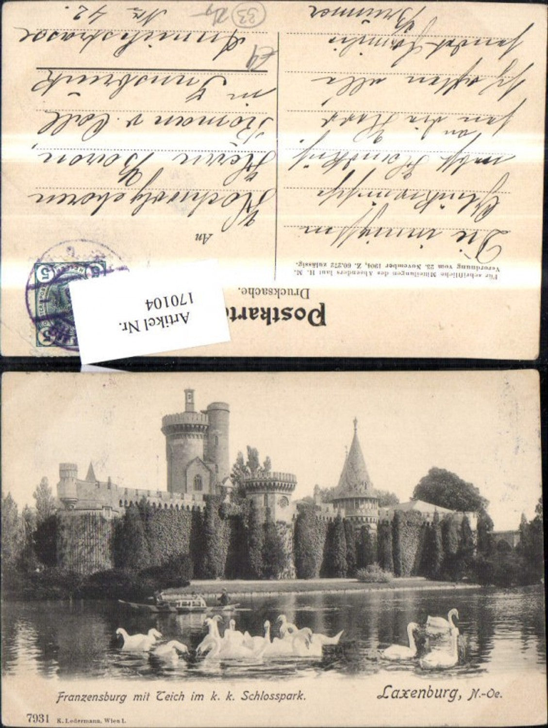 170104,Laxenburg Franzensburg m. Teich i. K k Schlosspark Schwäne Ruderboot Boot 1906