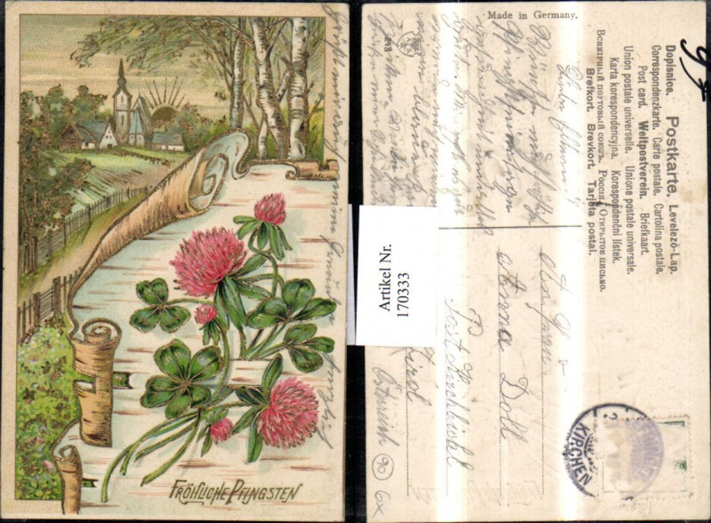 170333,Pfingsten Präge AK Dorf Kirche Bäume Klee Kleeblätter