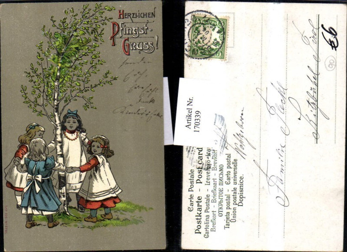170339,Pfingsten Kinder Mädchen m. Kleider stehen um eine Birke