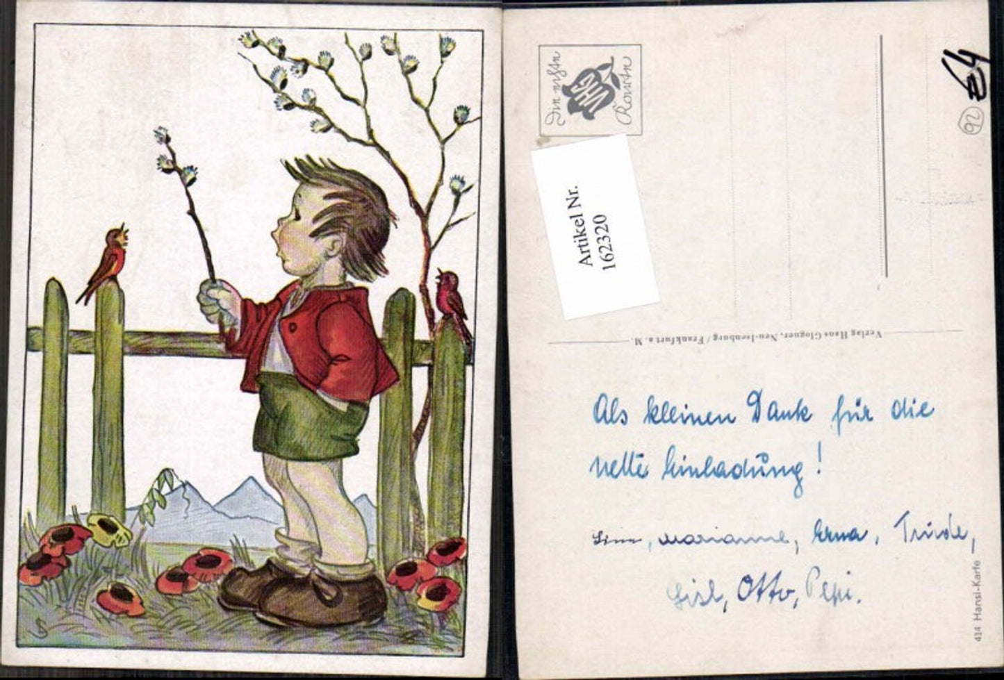 162320,Kinder Junge Palmkätzchen Vogel Hansi Karte 414
