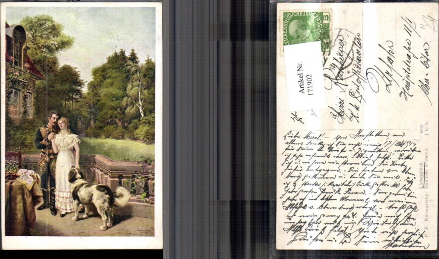 171902,Künstler Ak Liebesglück Frau Mann m. Hund Soldat Uniform sign P. E. Renowitzky