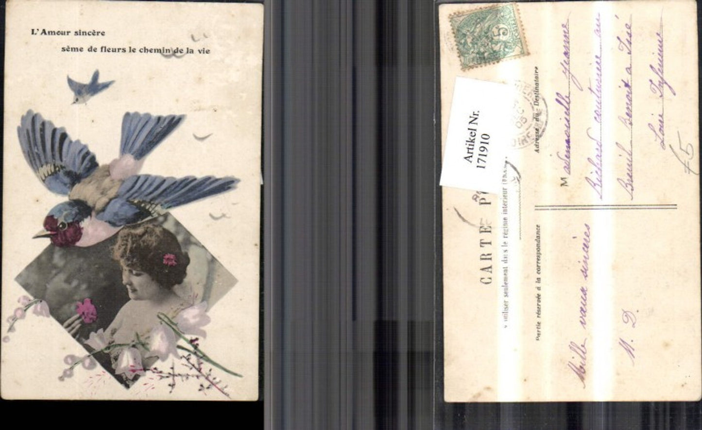 171910,Künstler Ak Frau m. Vogel Blumen