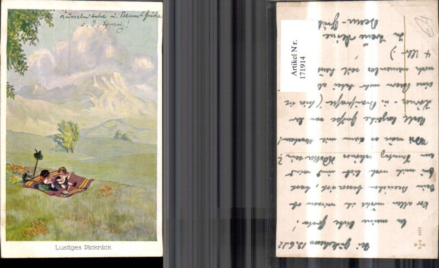 171914,Künstler Ak Lustiges Picknick Kinder a. Decke m. Mandoline Rucksack Wanderstock Hut
