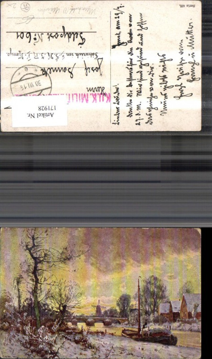 171928,Künstler Ak Landschaft Fluss Schiff Windrad sign Meinhold Münschen