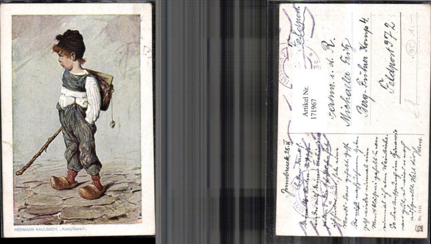 171967,Künstler Ak Kampfbereit Kind Junge Bub m. Holzstab Schultasche Holzschuhe sign Hermann Kaulbach