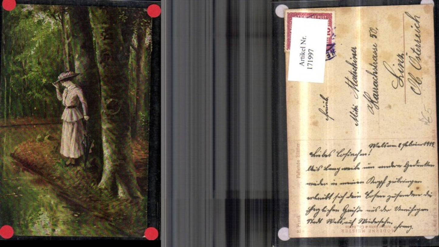 171997,Künstler Ak E. Frank Fallende Blätter Frau mit Hut im Wald