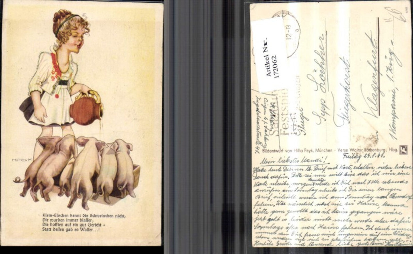 172062,Künstler Ak Hilla Peyk München Mädchen gibt den Ferkeln was zu trinken Krug Schwein
