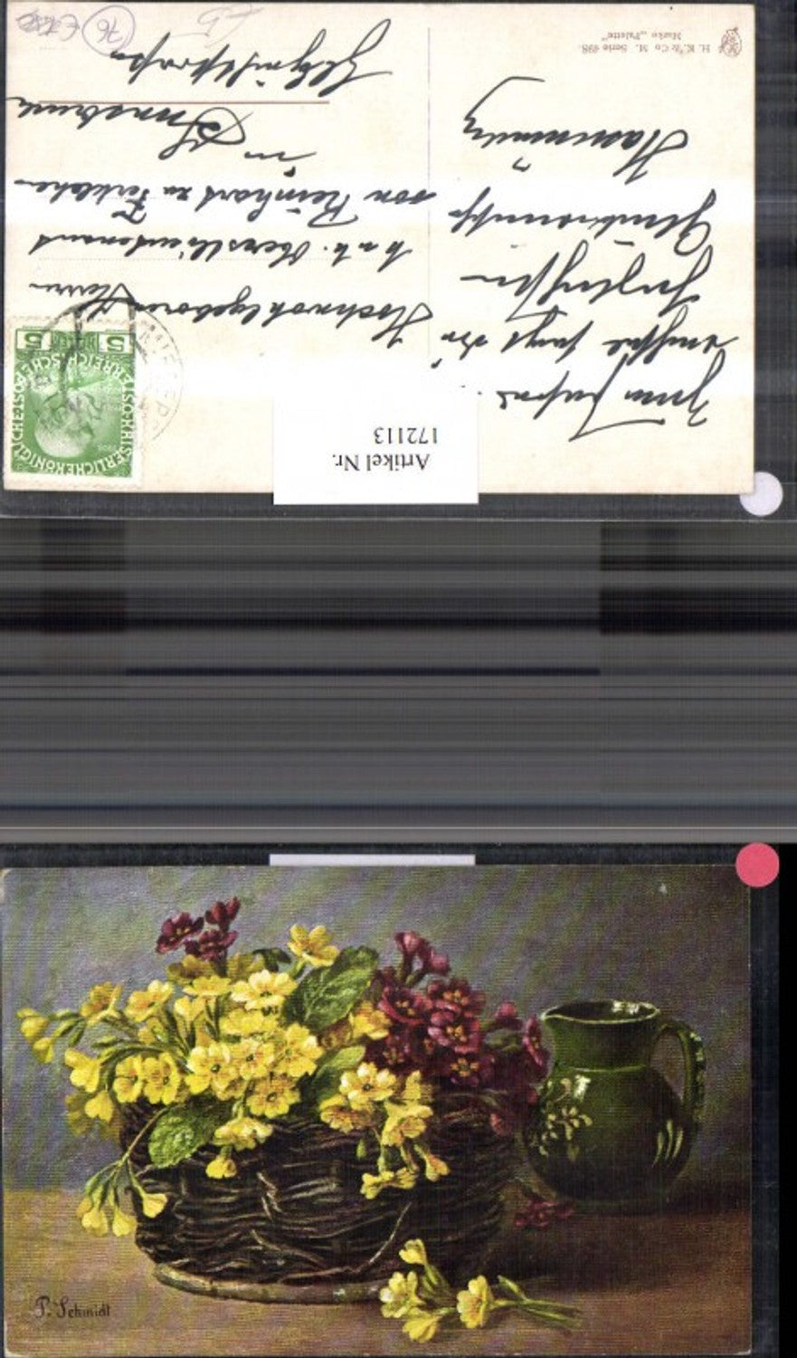 172113,Künstler Ak T. Schmidt Korb voll Blumen Krug