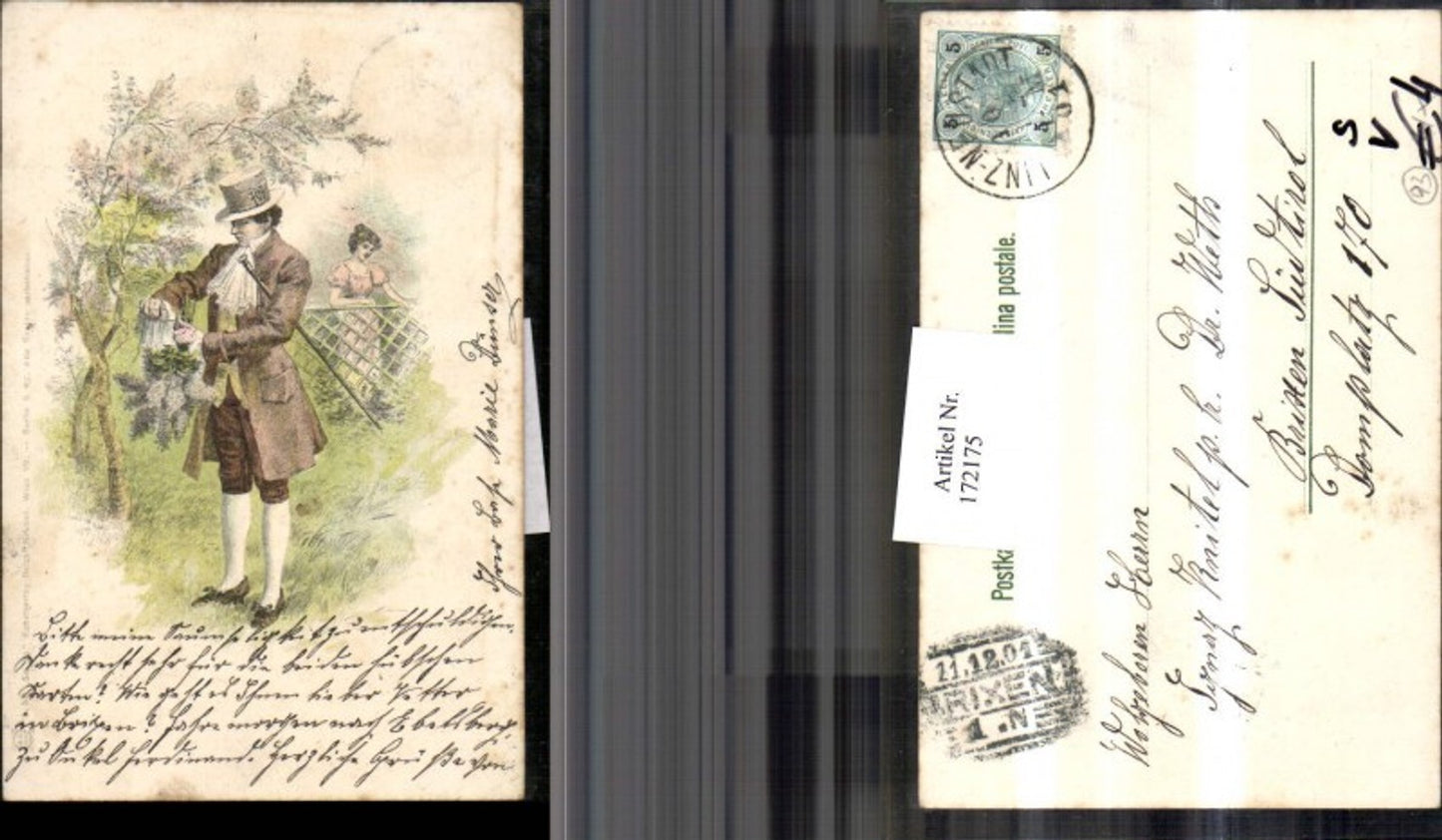 172175,Mann bindet Blumenstrauß Frau schaut ihn zu pub Neuber Linz-Neustadt 1901 Stempel