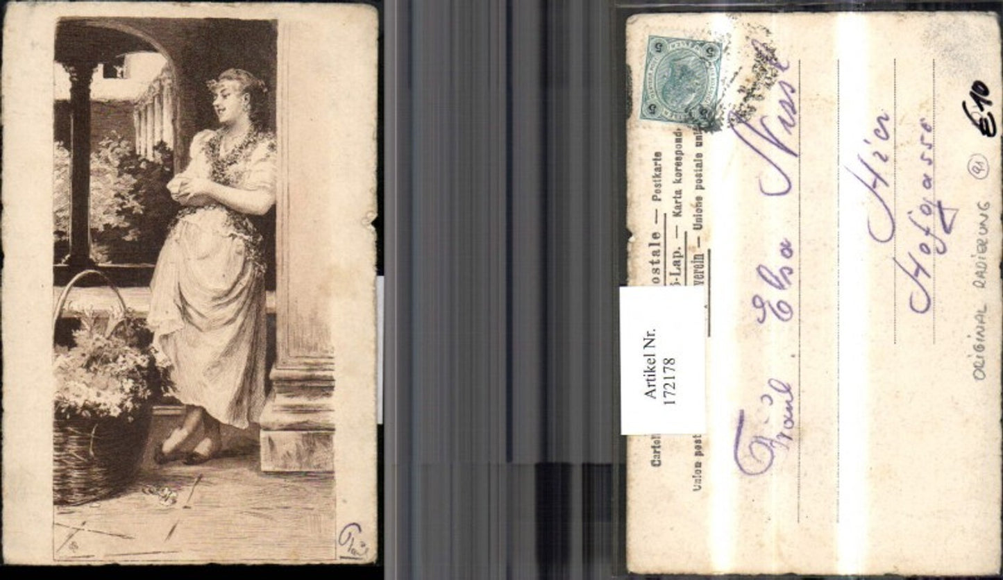 172178,Original Radierung Frau mit Kleid Blumen