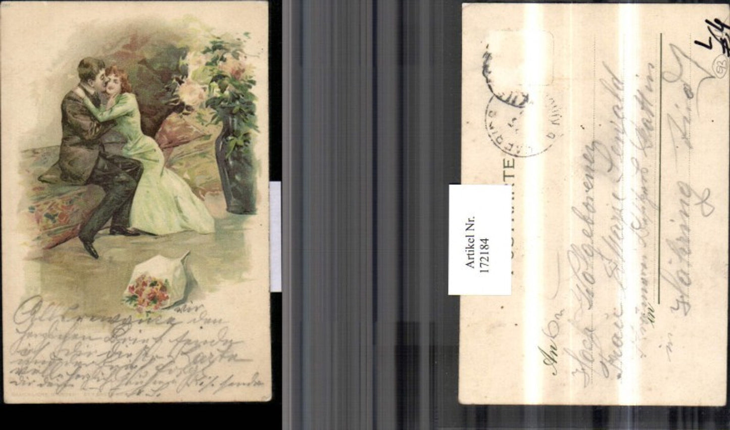 172184,Litho Mann hält Frau in den Armen Blumen