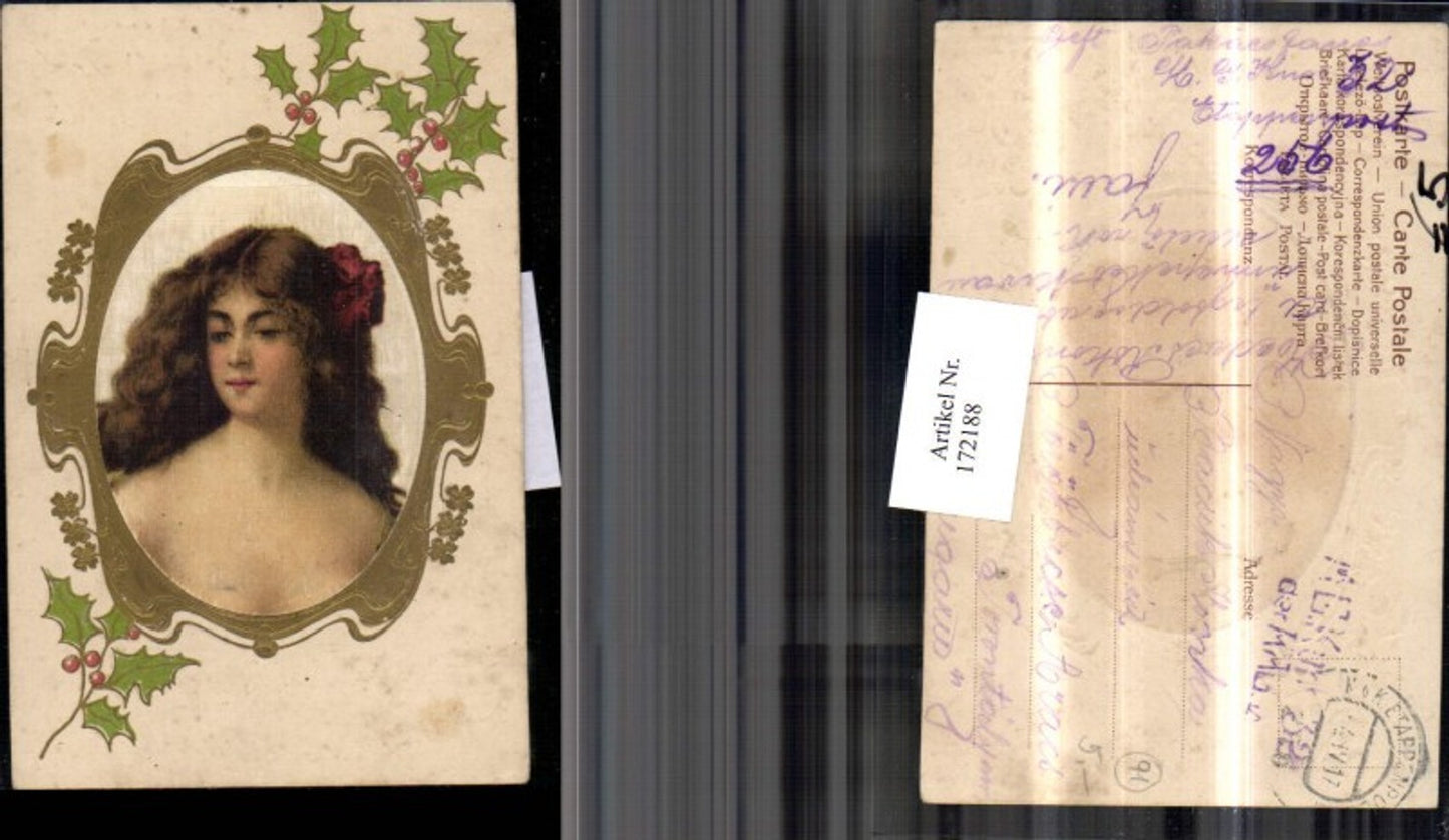 172188,Präge AK Mistelzweige Frau Portrait