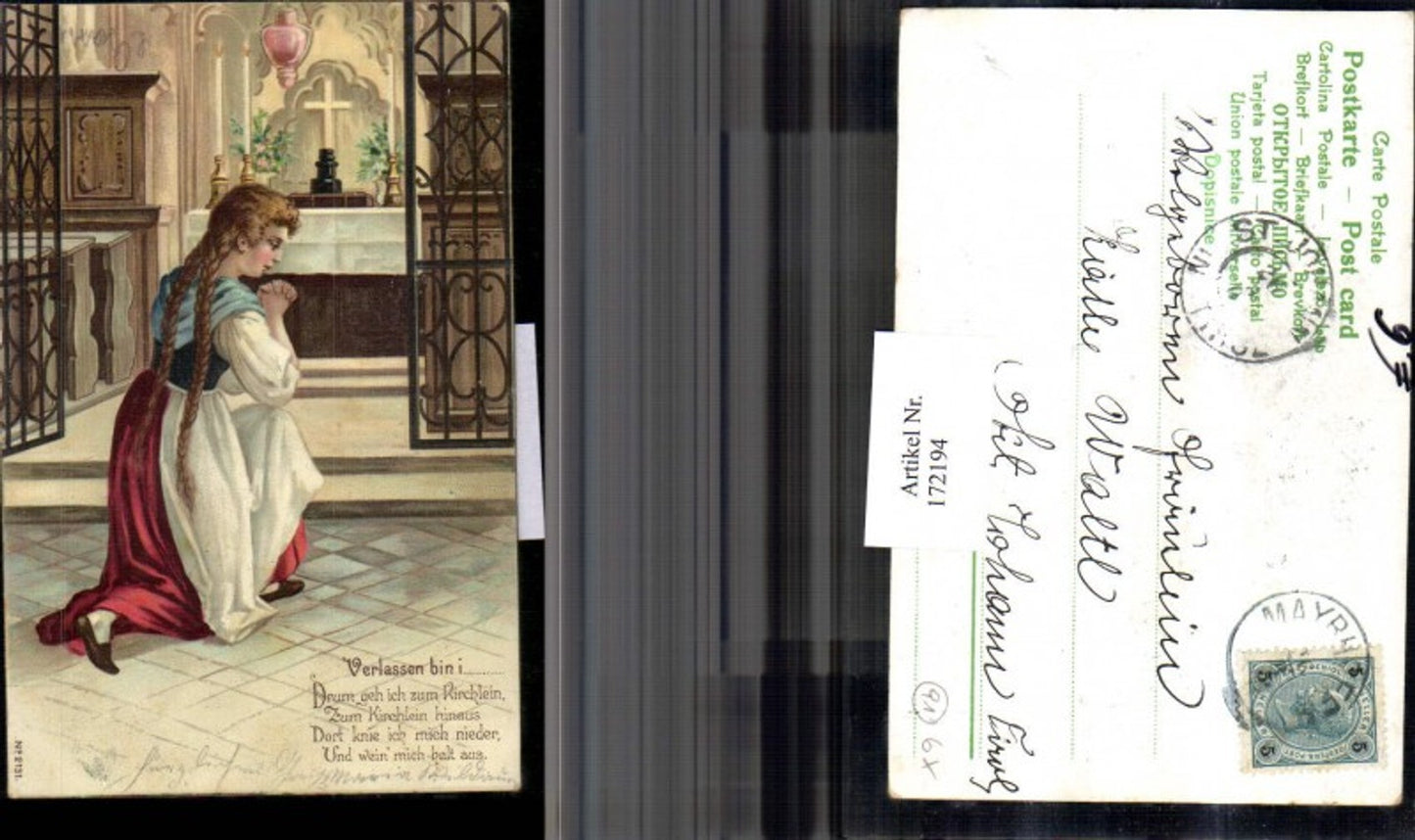 172194, Woman with dress and braids praying in church
