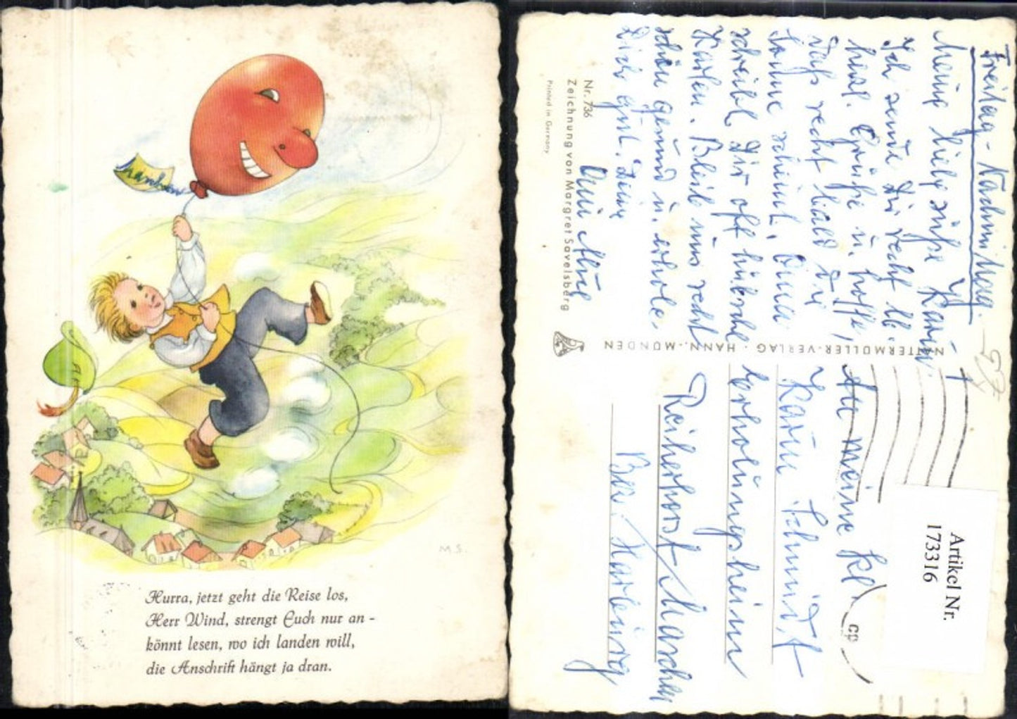 173316,Kinder Junge Bub m. Luftballon m. Gesicht Huf Spruch sign Margret Savelsberg