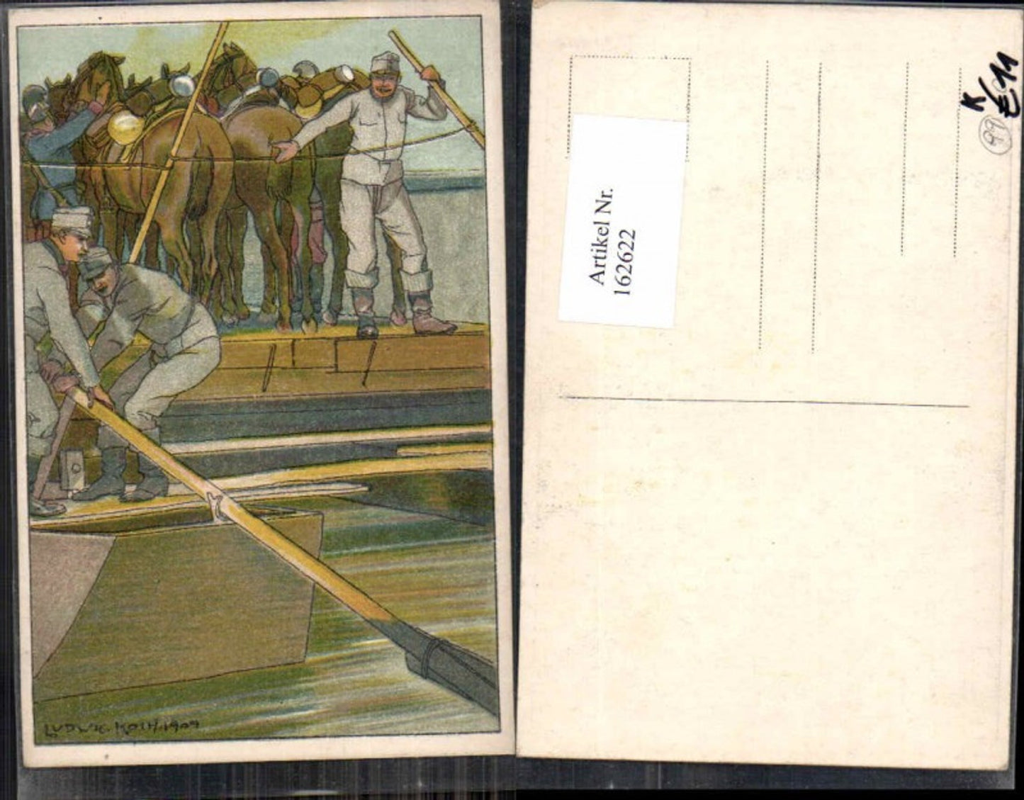 162622.Künstler AK Ludwig Koch Militär Soldaten 1909 Pferd Boot Pioniere