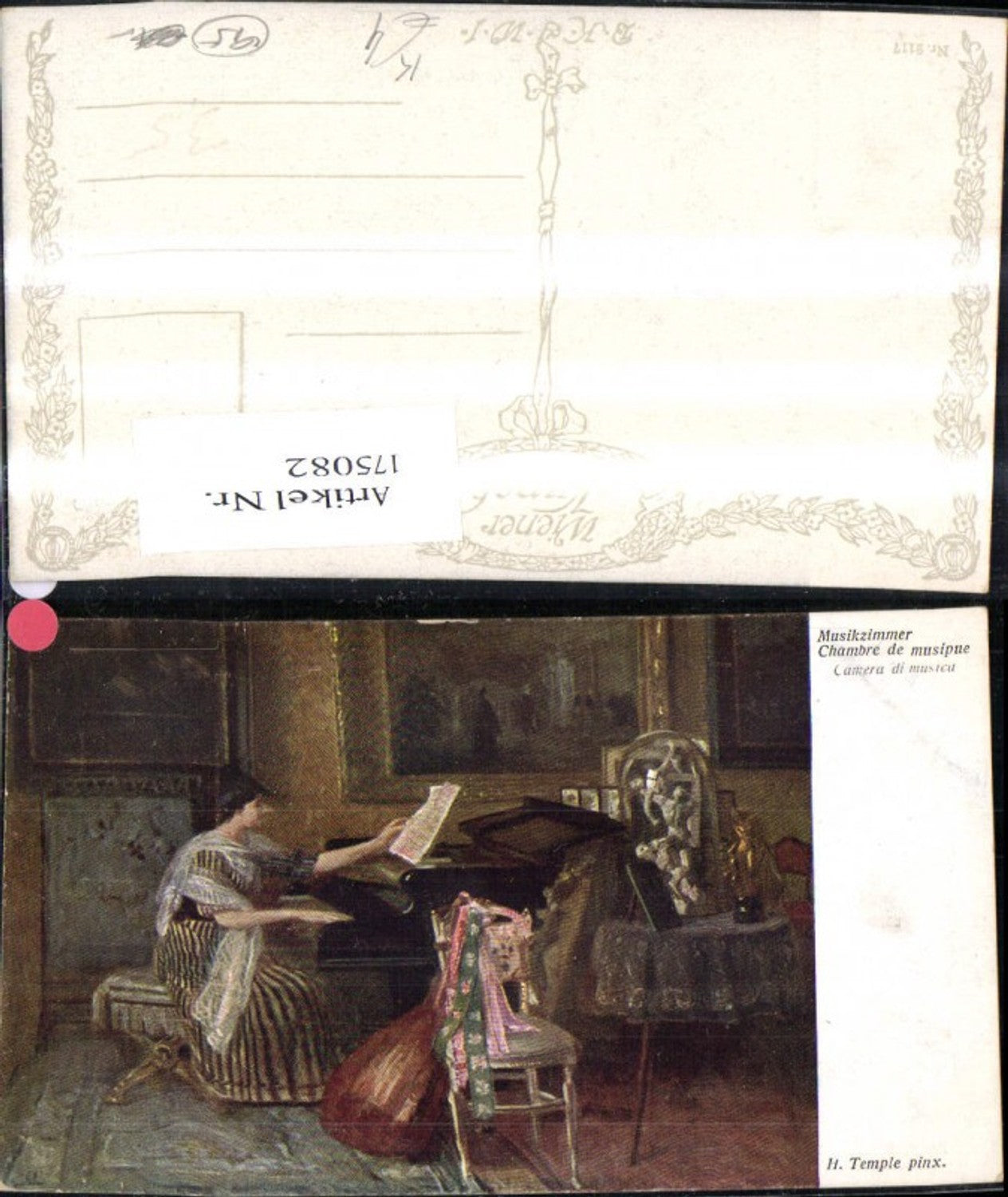 175082,Künstler Ak H. Temple Musikzimmer Frau a. Klavier Notenblätter