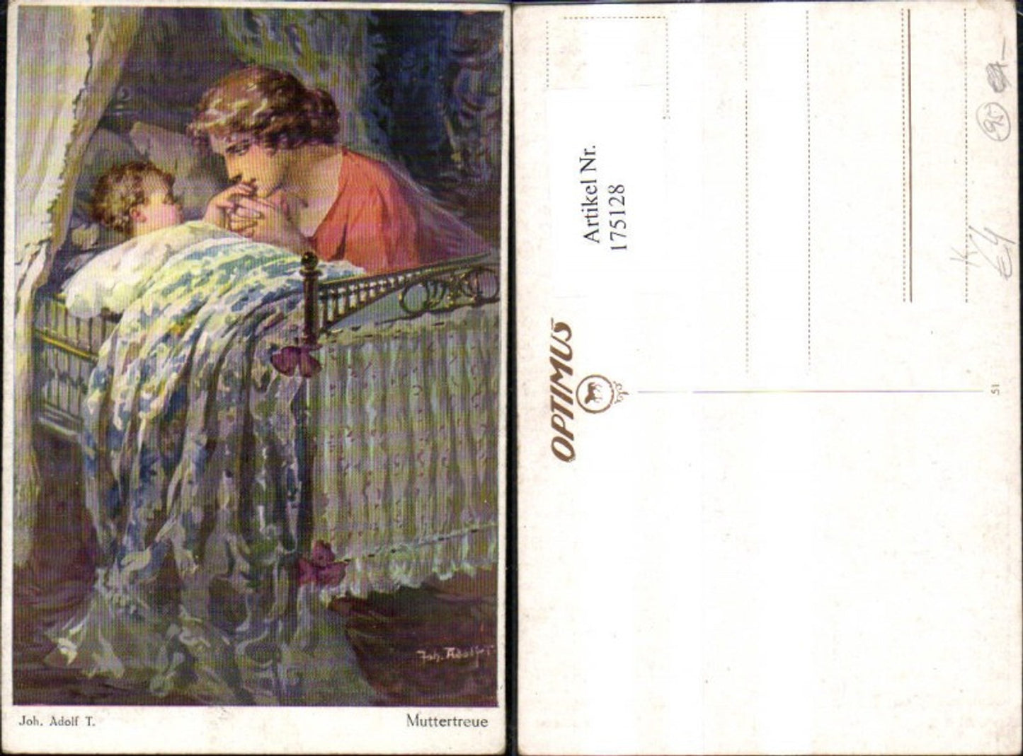 175128,Künstler Ak Joh. Adolf Muttertreue Frau m. Kind i. Bett Wiege