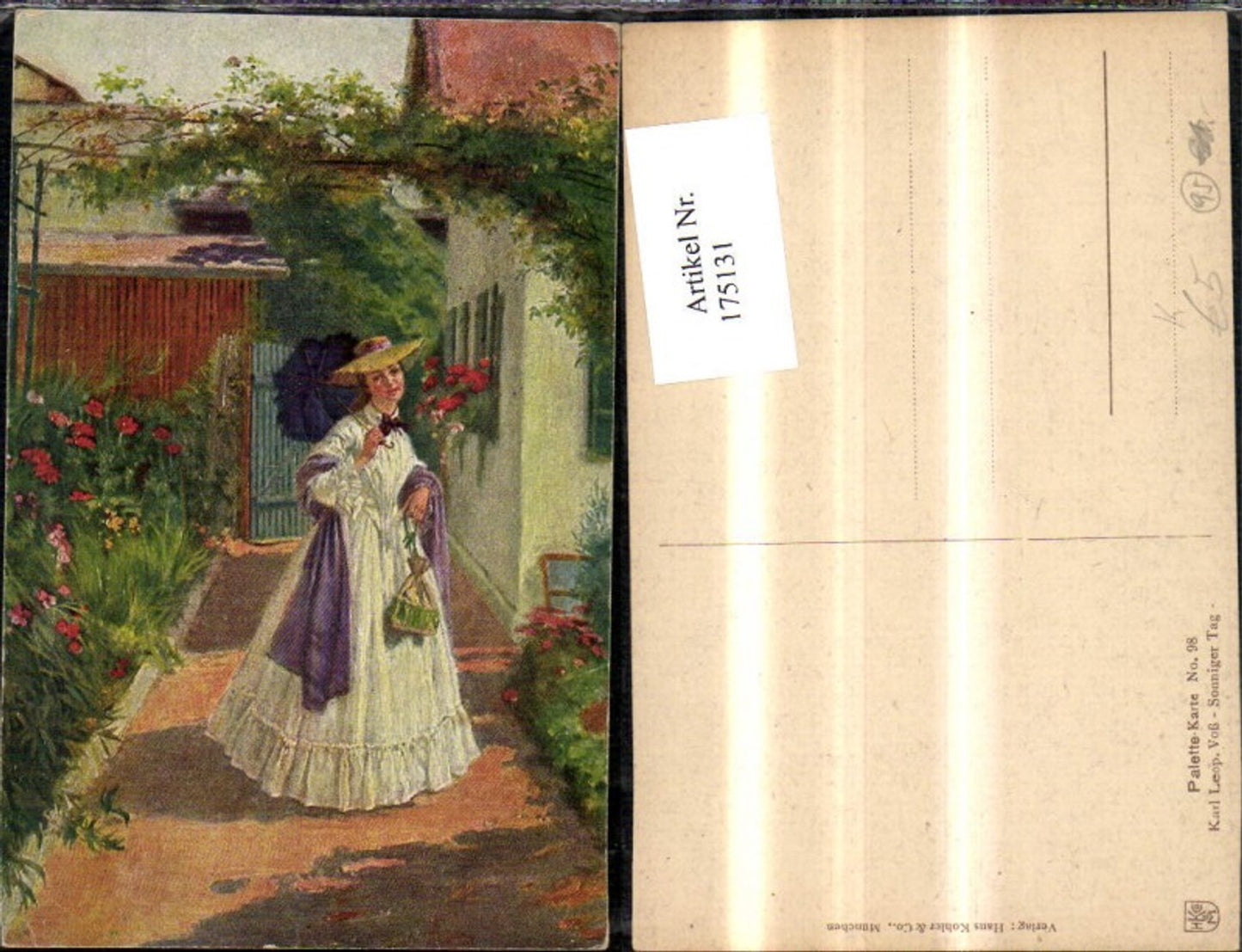 175131,Künstler Ak Karl Leop. Voß Sonniger Tag Frau m. Hut Sonnenschirm