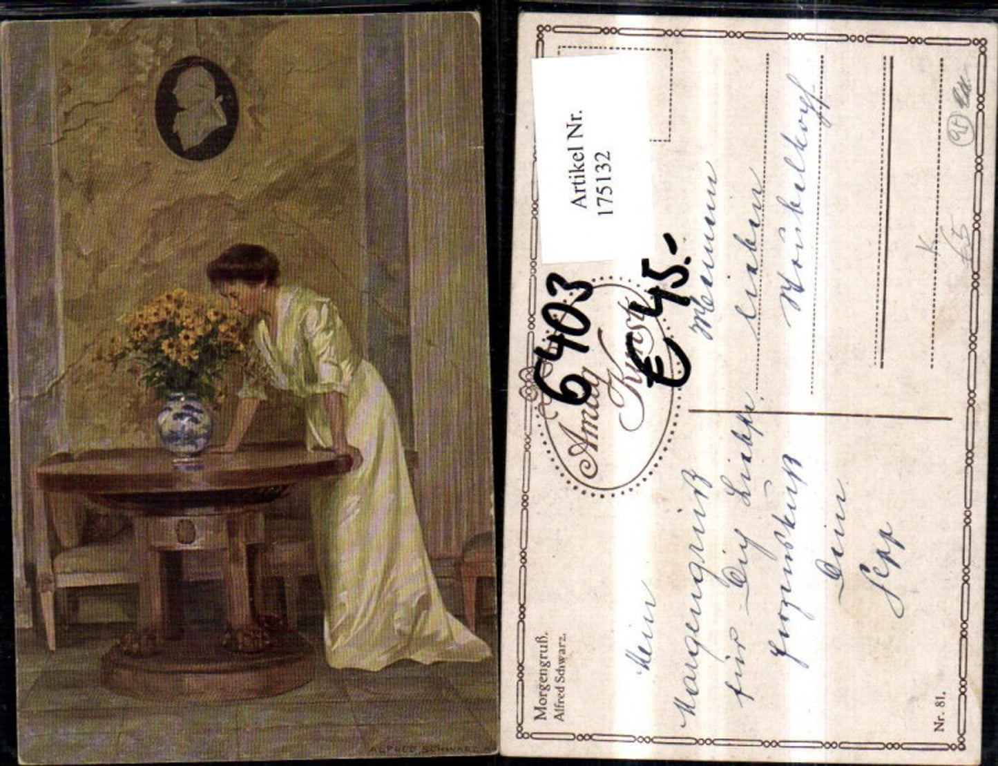 175132,Künstler Ak Alfred Schwarz Morgengruß Frau m. Blumen Vase