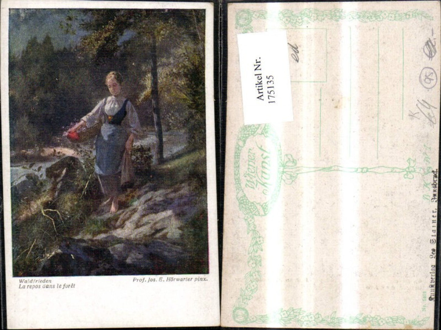 175135,Künstler Ak Jos. E. Hörwarter Waldfrieden Frau m. Korb i. Wald