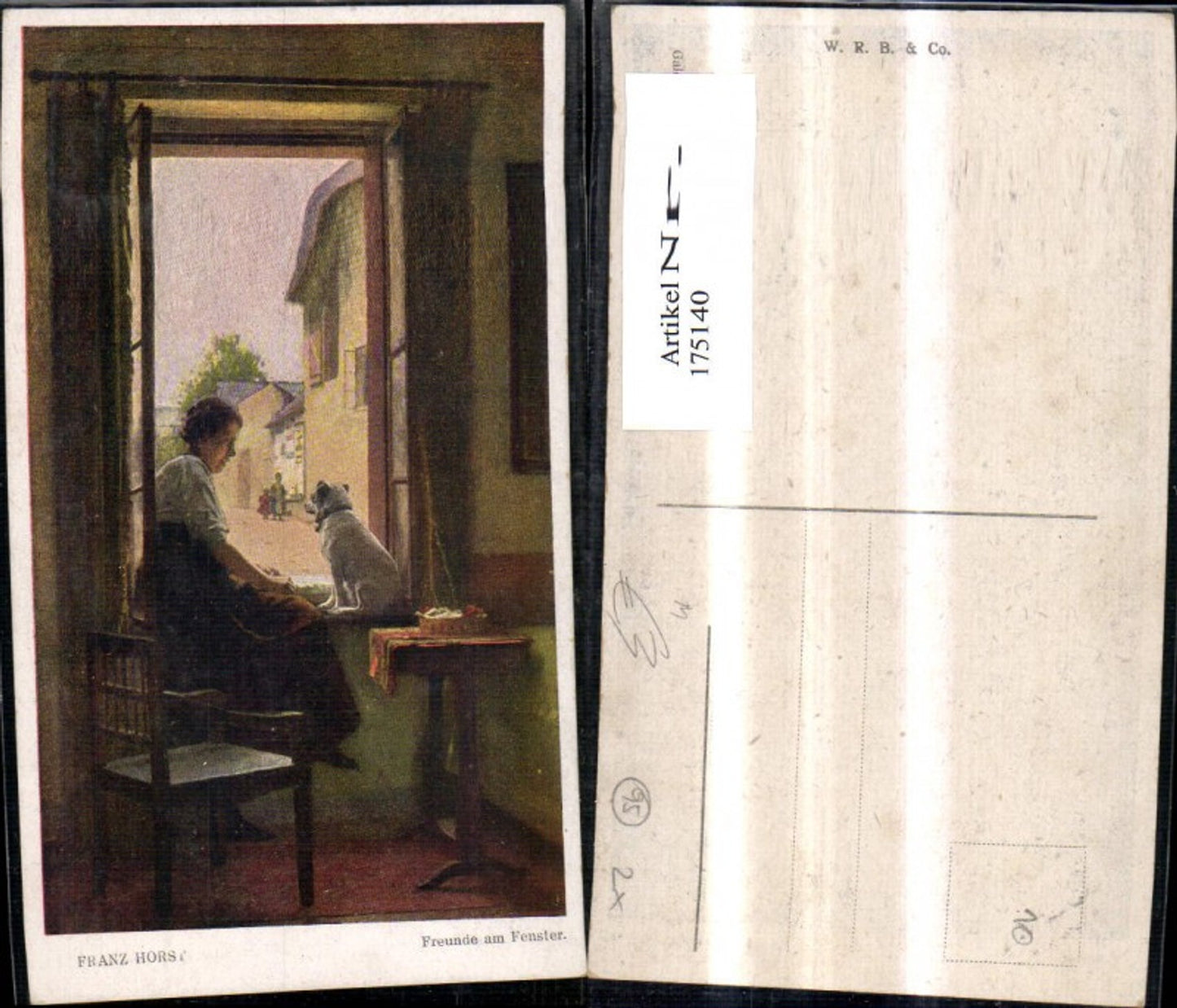 175140,Künstler Ak Franz Hors Freunde a. Fenster Frau m. Hund a. Fenster