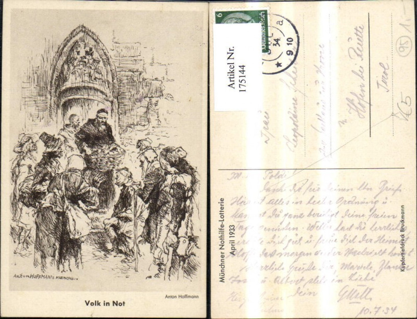 175144,Künstler Ak Anton Hofmann Volk i. Not Zeichnung Münchner Nothilfe Lotterie April 1933