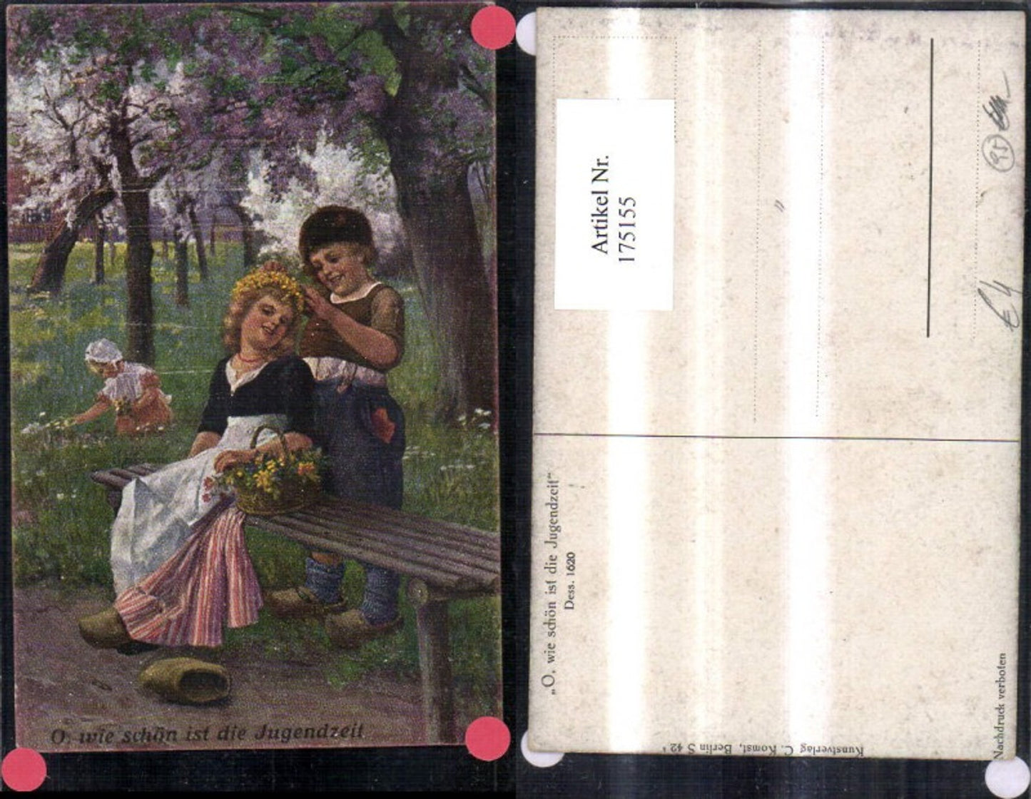 175155, Artist Ak O How beautiful is youth Young girl with flower wreath in her hair Flower basket Children