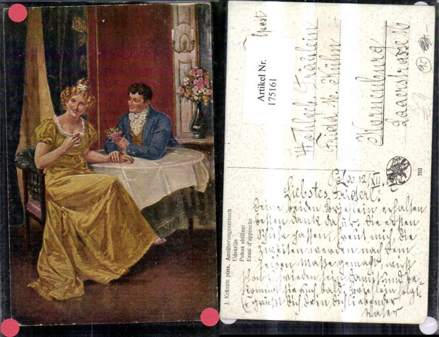175161,Künstler Ak Josef Kränzle Annäherungsversuch Frau Mann sitzen a. Tisch Blumenstrauß