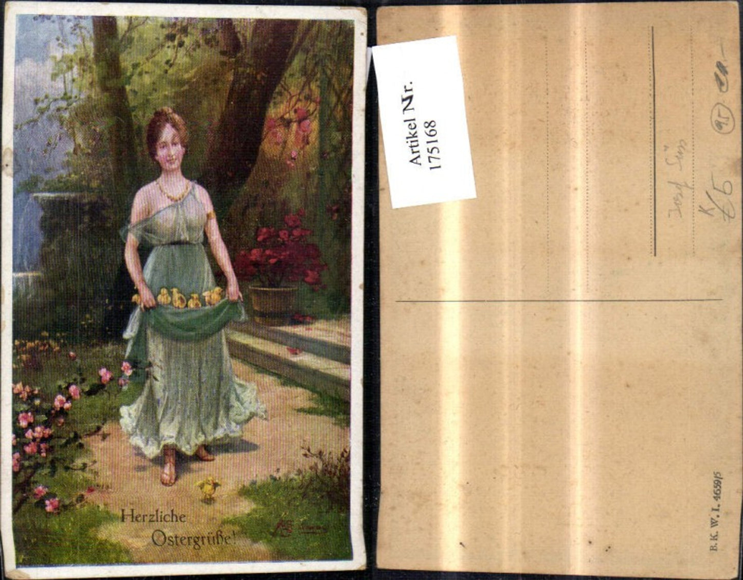 175168,Künstler Ak Josef Süss Herzliche Ostergrüsse Frau m. Küken i. Schürze Kleid
