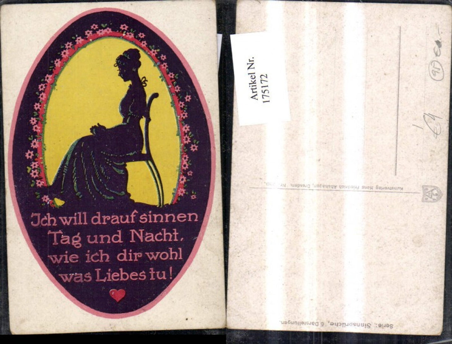175172,Künstler Ak Frauensilhouette a. Stuhl Passepartout Blumenranke Spruch