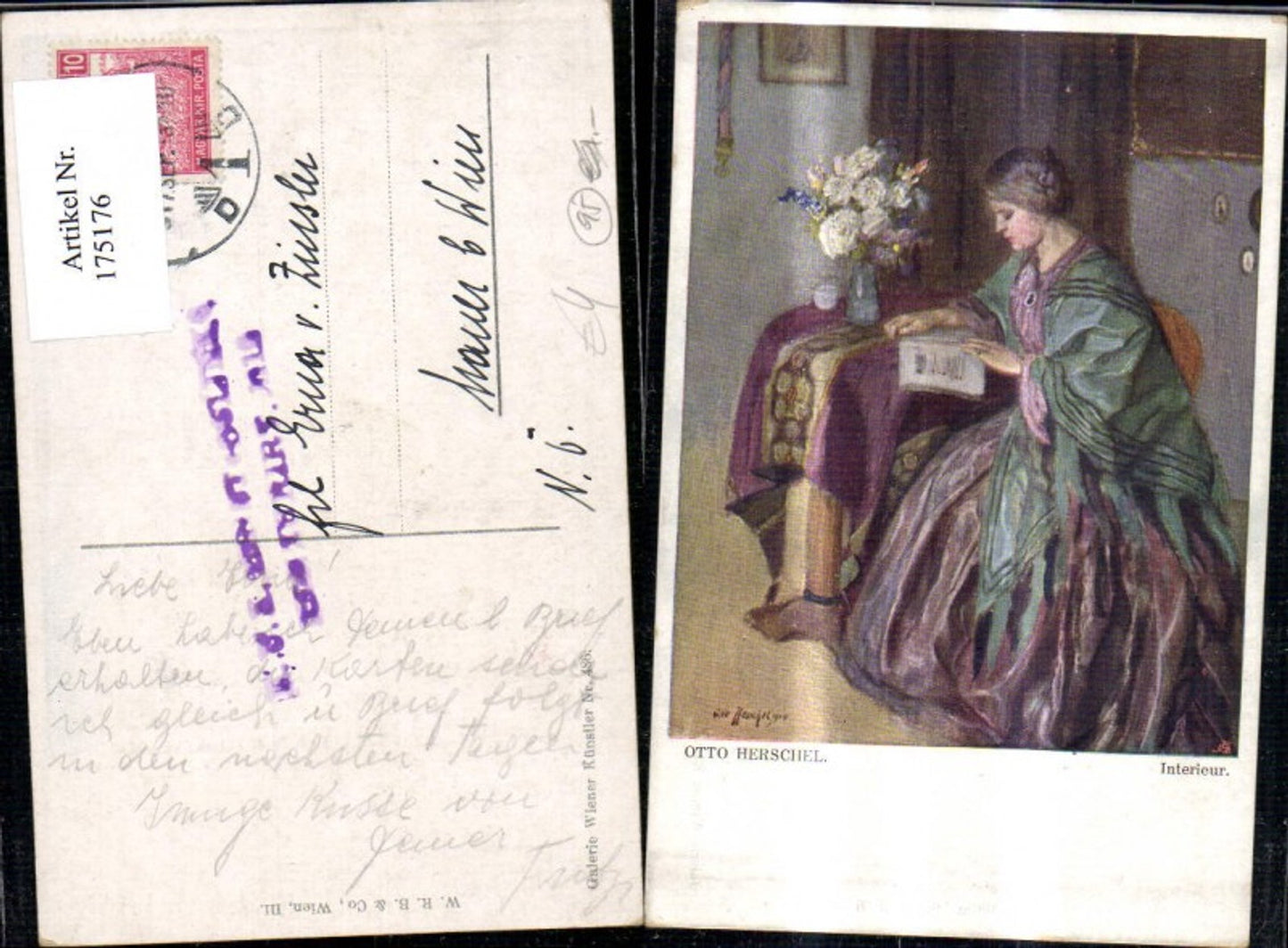 175176,Künstler Ak Otto Herschel Interieur Frau liest b. Tisch Blumenvase