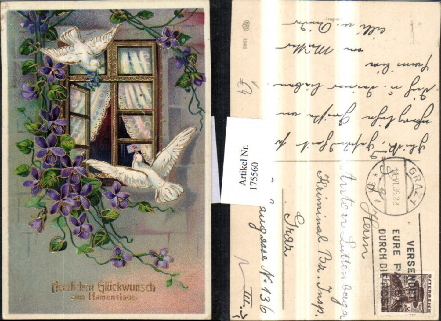 175560,Namenstag Golddruck Tauben Fenster Veilchen Brief pub EAS 4966